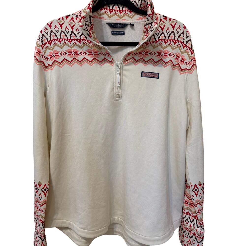 Vineyard Vines The Shep Shirt 1/4 Zip Womens size XL Cream Pink Aztec Southwest